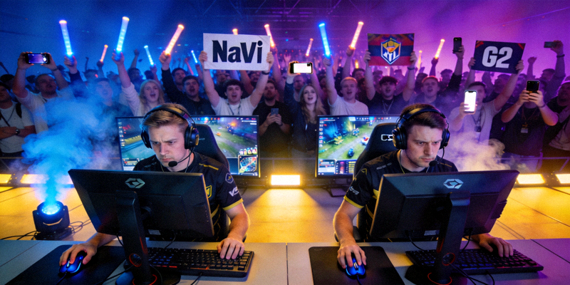 CS:GO Major锦标赛决赛瞬间 - 职业选手专注比赛与观众热烈欢呼